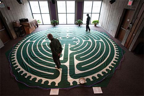 Two people walking the labyrinth