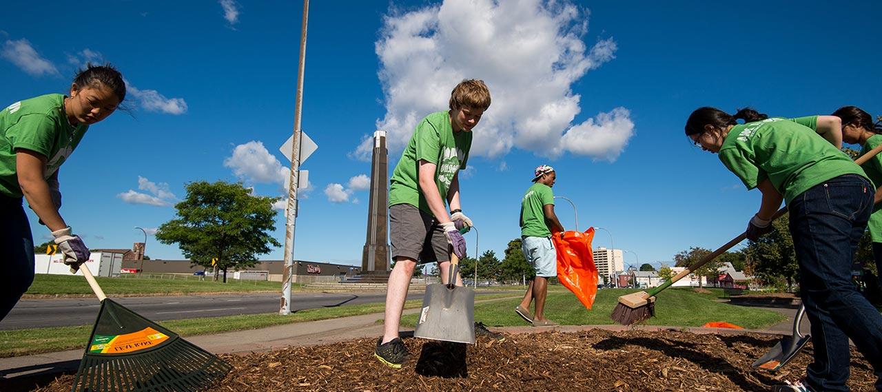 Students working in the community.